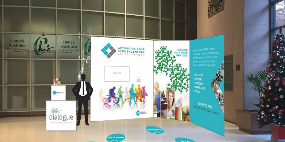 Interactive information kiosk and printed graphic panels in a building foyer