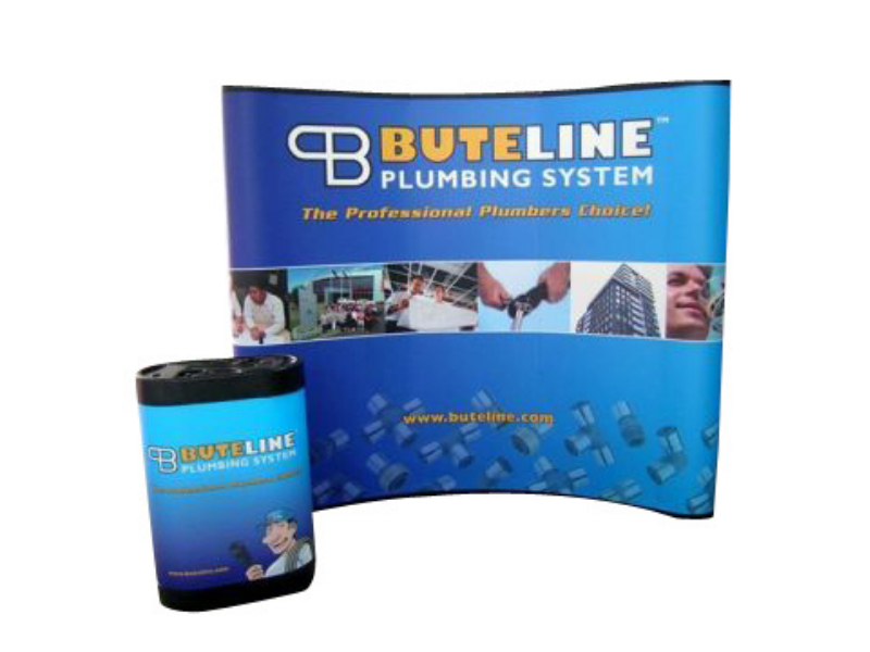 2.5 metre wide pop-up exhibition stand with case graphic wrap