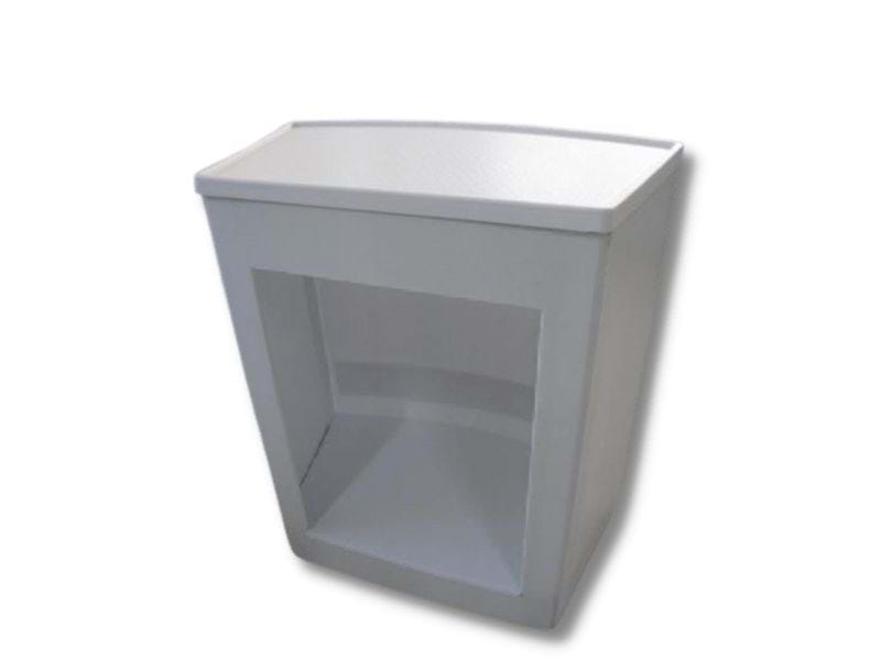 Rear view of table showing window and internal shelf