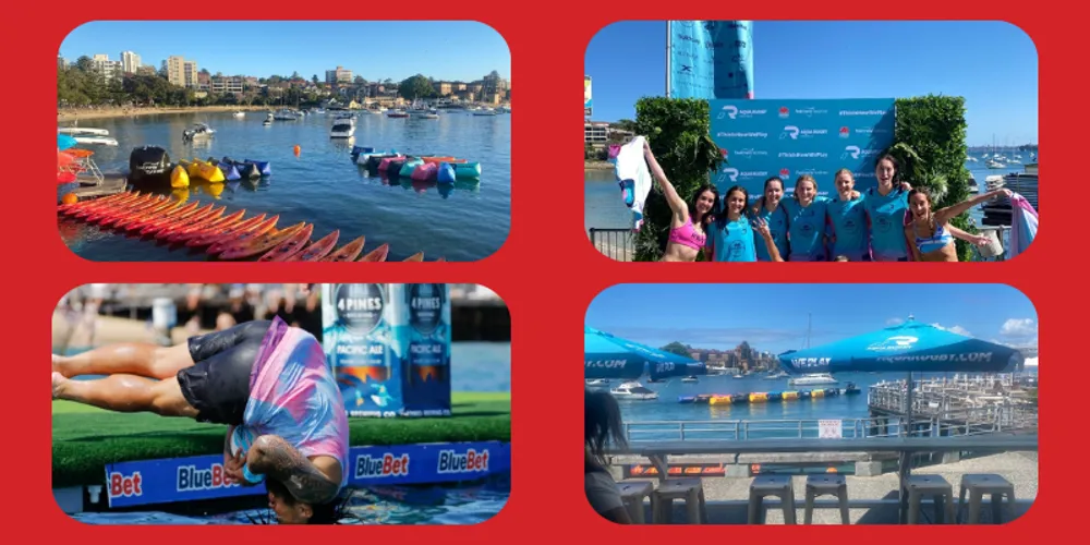 Aqua Rugby launch on Sydney Harbour with the floating pitch, branded tents and crew