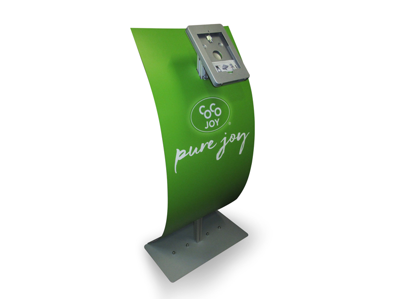 'Type 2' tablet stand with custom printed curved graphic panel and multi-directional bracket