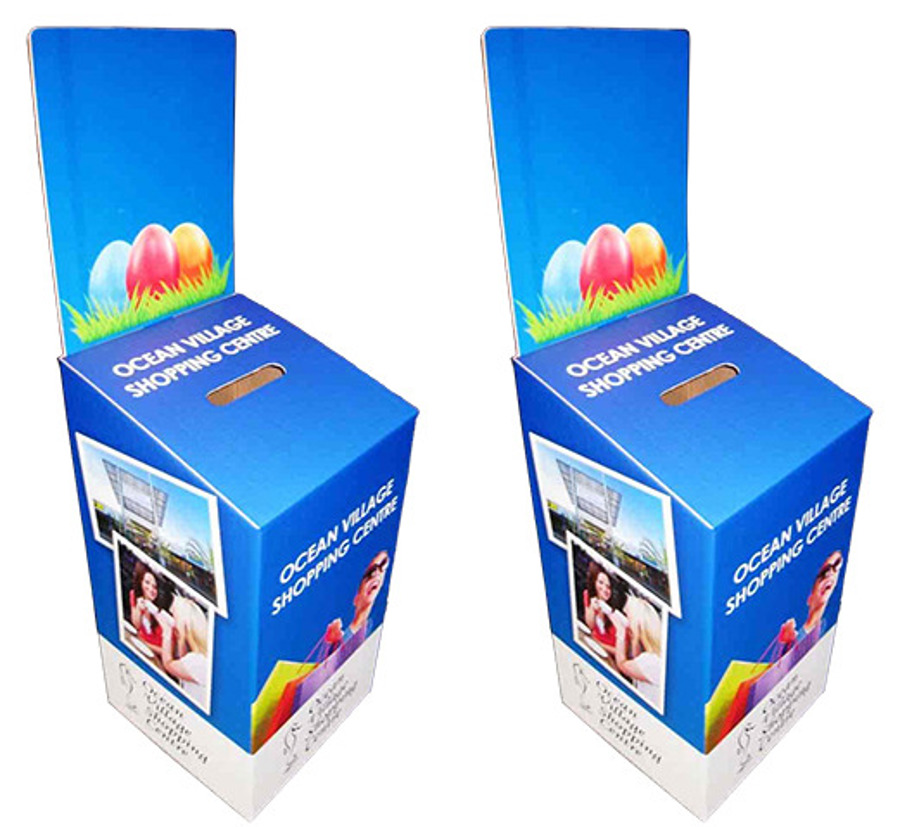 Two printed cardboard competition entry boxes with tall headers for a shopping centre Easter promotion